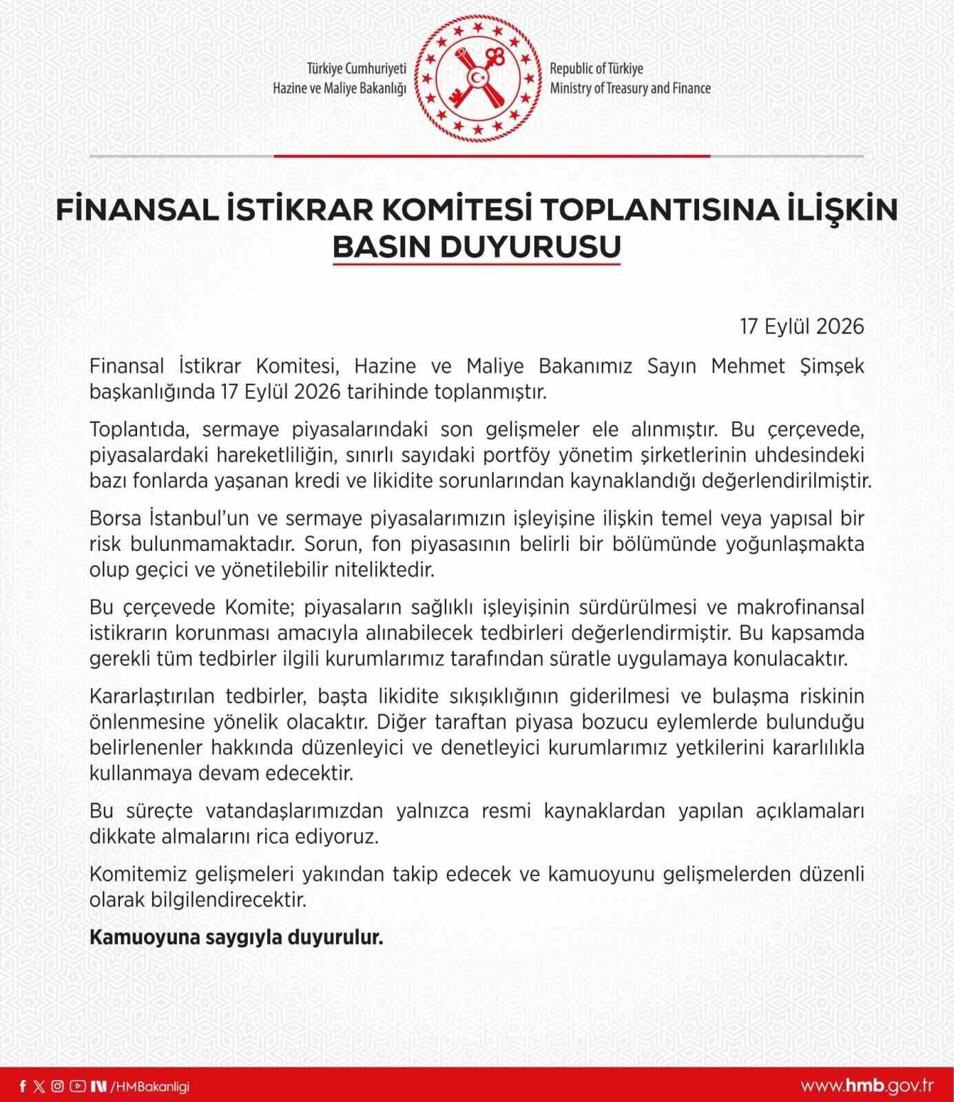 Finansal İstikrar Komitesi: 'Borsa İstanbul'un ve sermaye piyasalarımızın işleyişine ilişkin yapısal bir risk bulunmamaktadır'