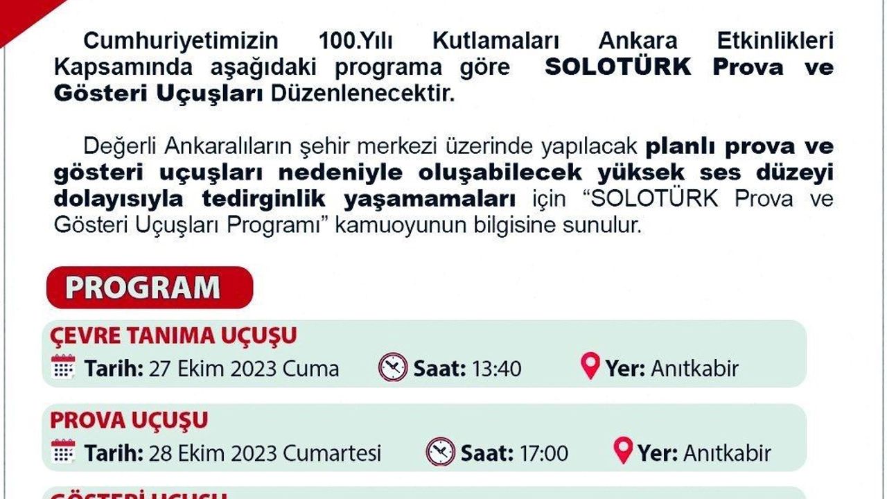 Ankara Valiliğinden SOLOTÜRK uçuşlarıyla ilgili vatandaşlar gürültü uyarısı