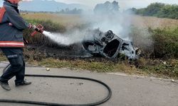 Sakarya'da devrilen otomobil yandı