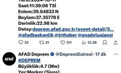 Sivas’ta on dakika arayla iki deprem