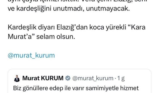 Başkan Şerifoğulları’ndan Murat Kurum’a: "Elazığ’dan koca yürekli Kara Murat’a selam olsun”