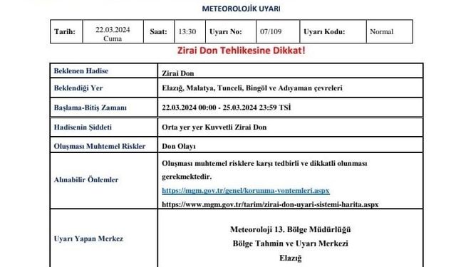 Meteoroloji’den "zirai don" uyarısı