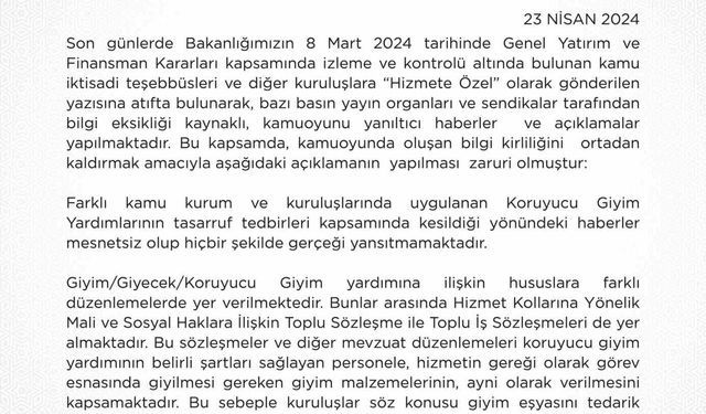 Hazine Bakanlığı: “Koruyucu giyim yardımları kesildi haberleri gerçeği yansıtmıyor”