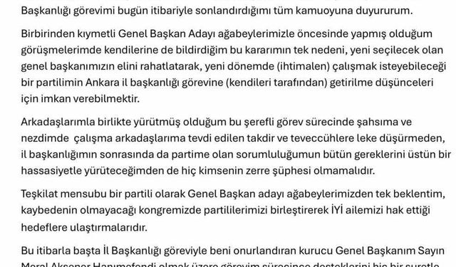 İYİ Parti Ankara İl Başkanı Akif Sarp Önder görevinden istifa etti