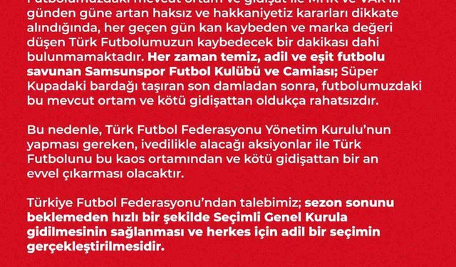 Samsunspor, TFF’yi ’acil’ seçimli genel kurula davet etti