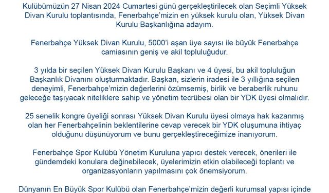 Sevil Becan, Fenerbahçe Yüksek Divan Kurulu Başkanlığı’na aday olduğunu duyurdu