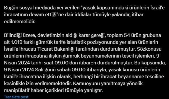 Ticaret Bakanlığından "İsrail’le ihracatın devam ettiği" iddialarına yalanlama