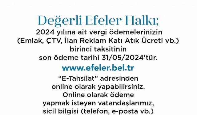 Efeler Belediyesi’nden vergi ödemesi hatırlatması