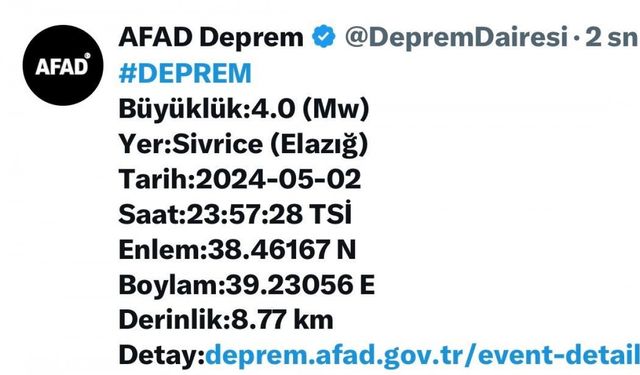 Elazığ’da 4.0 büyüklüğünde deprem