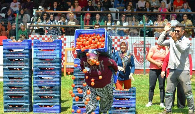 Kadınlar domates kasası yarışmasında erkeklere taş çıkarttı