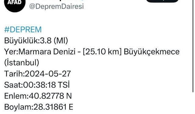 Marmara Denizi’nde 3,8 büyüklüğünde deprem