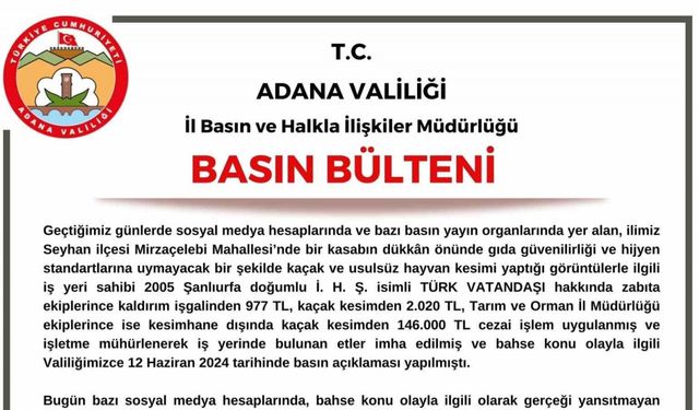 Adana Valiliği: "Kasapla ilgili gerekli cezalar uygulandı"