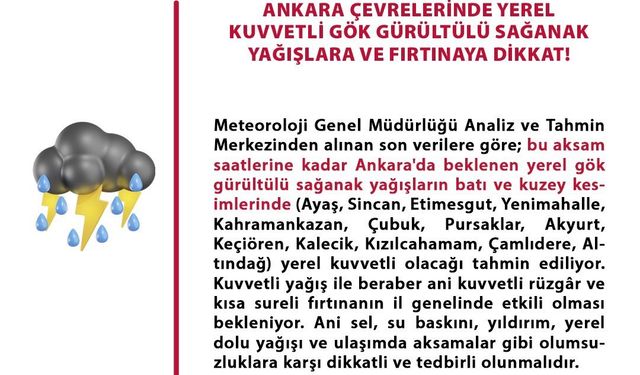 Ankara Valiliğinden ‘yerel kuvvetli gök gürültülü sağanak uyarısı’