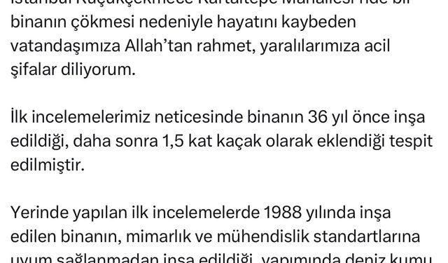 Bakan Özhaseki’den Küçükçekmece’de çöken bina ile ilgili açıklama