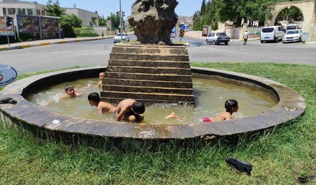 Sıcaktan bunalan çocuklar tehlikeye rağmen süs havuzunda yüzdü