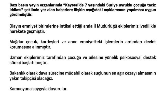 Aile ve Sosyal Hizmetler Bakanlığı’ndan Kayseri’deki taciz iddialarına ilişkin açıklama