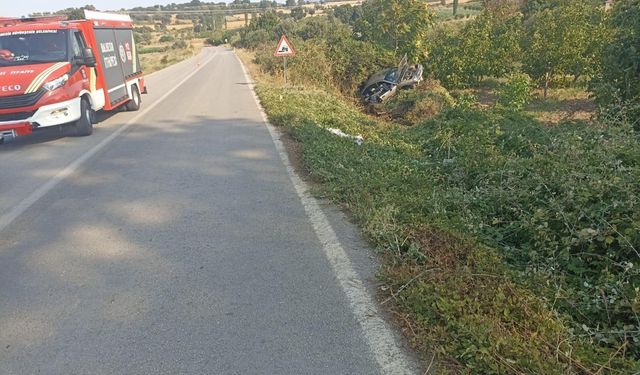 Balıkesir'de yoldan çıkarak otluk alana devrilen otomobildeki 2 kişi yaralandı