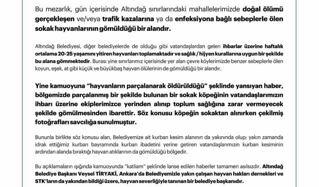 Altındağ Belediyesi: “Söz konusu alan vatandaşlarımızın kurban kesiminin ardından alanda biriktirdikleri hayvan atıklarının da gömüldüğü bölgedir”