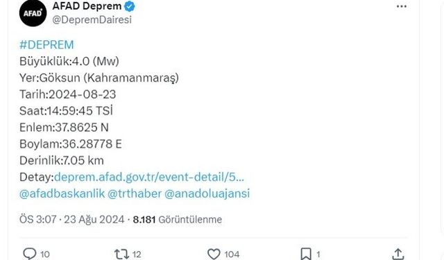 Kahramanmaraş’ta 4 büyüklüğünde deprem