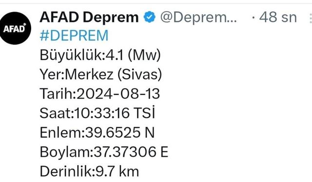 Sivas’ta 4.1 büyüklüğünde deprem