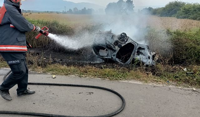 Sakarya'da devrilen otomobil yandı