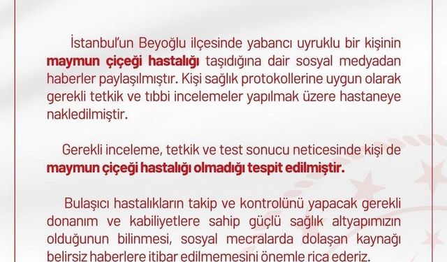 İstanbul İl Sağlık Müdürlüğü’nden "İstanbul’da maymun çiçeği görüldü" iddialarına ilişkin açıklama