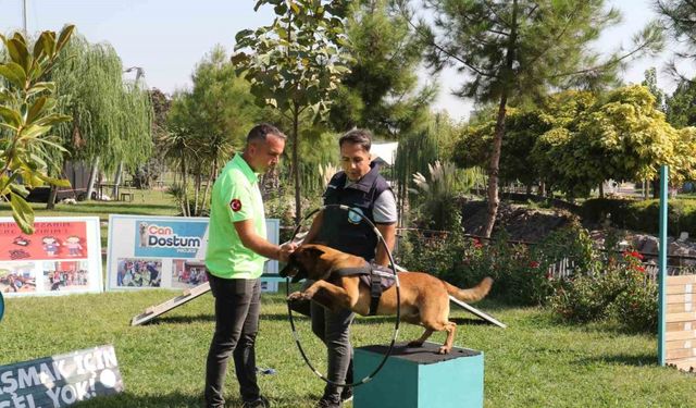 Minik öğrenciler eğitimli köpeklerin gösterisine hayran kaldı