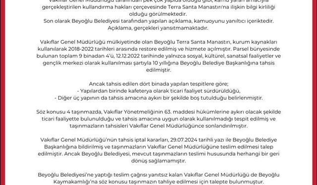 Vakıflardan ‘Terra Santa Manastırı’na ilişkin açıklama