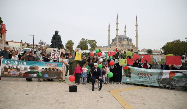 Edirne'de kadın ve çocuklar İsrail'in Filistin'e yönelik saldırılarını protesto etti