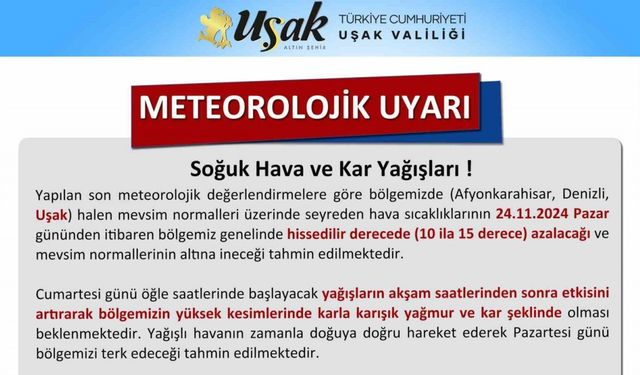 Uşak Valiliğinden soğuk hava ve kar yağışı uyarısı