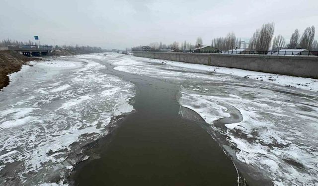 Ağrı’da dondurucu soğuklar nedeniyle Murat Nehri buz tuttu