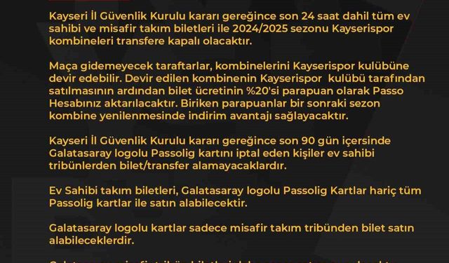 Kayserispor - Galatasaray maçı bilet fiyatları belli oldu