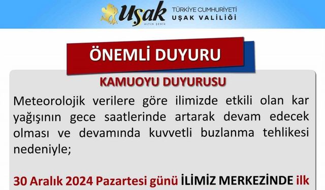 Uşak’ta kar nedeniyle okullar 1 gün tatil edildi