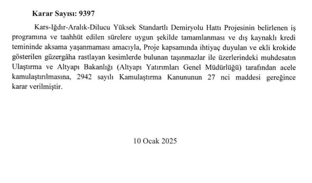 Kars-Iğdır-Nahçıvan Demiryolu projesinde acele kamulaştırma kararı