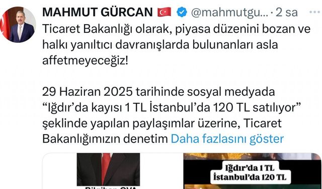 ’Iğdır’da kayısı 1 TL, İstanbul’da 120 TL’ paylaşımına "gerçek dışı bilgi yaymaktan" 1 milyon 400 bin TL idari para cezası