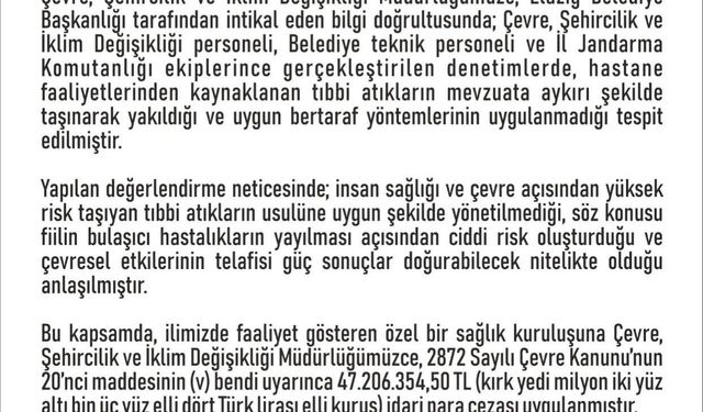 Elazığ'da özel bir hastaneye 47 milyon lira ceza kesildi