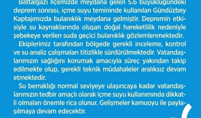 Malatya'da deprem sonrası içme suyunda bulanıklık oldu