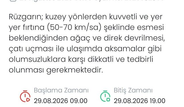 Denizli için kuvvetli rüzgar ve fırtına uyarısı