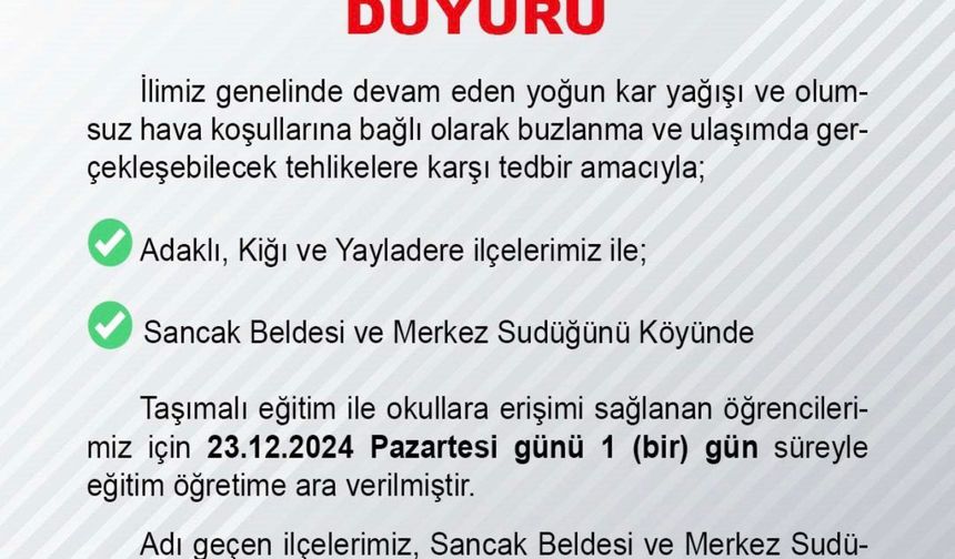 Bingöl’ün üç ilçesinde taşımalı eğitime 1 gün ara verildi