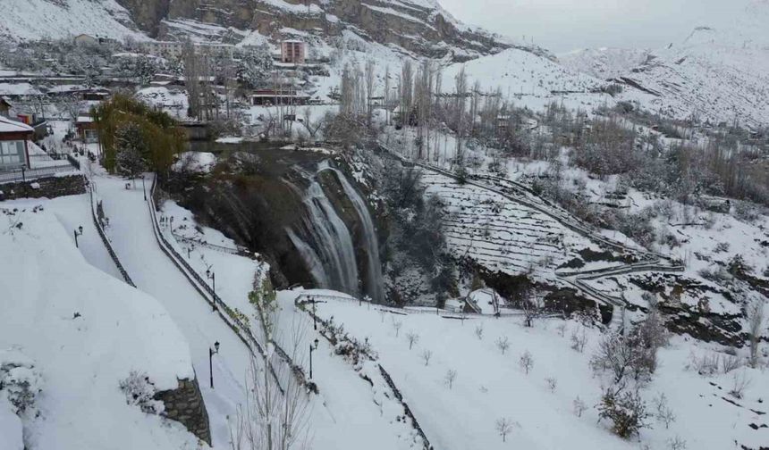 Tortum Şelalesi karla bütünleşti