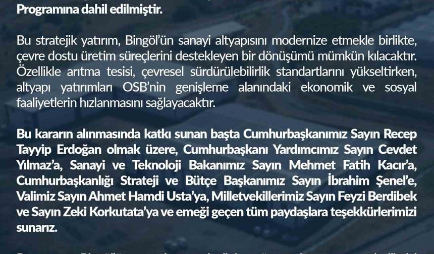 Bingöl OSB Genişleme ve Altyapı Projesine 849 milyon liralık yatırım onayı