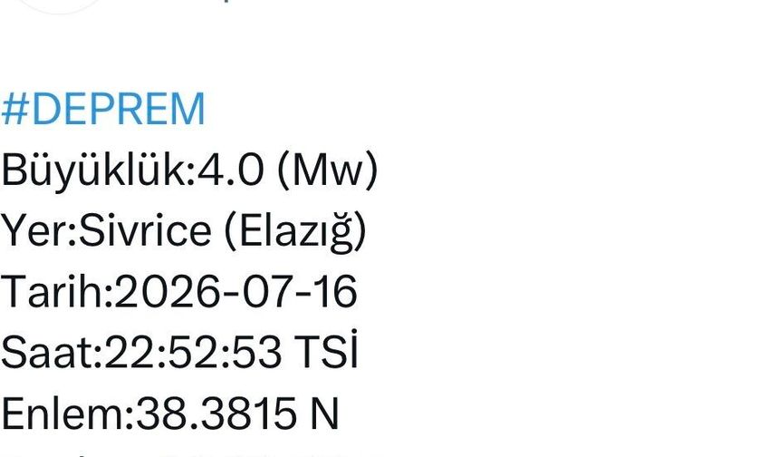 Elazığ'da 4.0 büyüklüğünde deprem