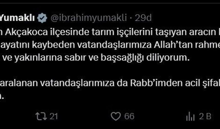Bakan Yumaklı Düzce'deki kaza sonrası başsağlığı mesajı yayınladı
