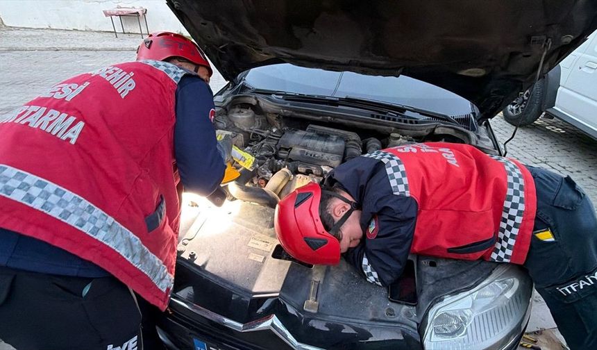 Otomobilin motor bölümünde sıkışan yavru kedi kurtarıldı